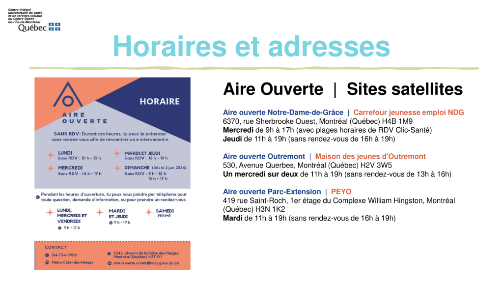 horaires et adresses des sites satellites d'Aire ouverte